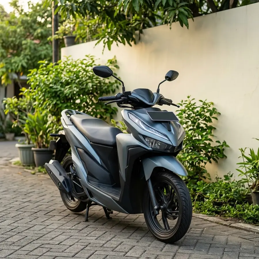 Ilustrasi motor matic terparkir di jalan setapak