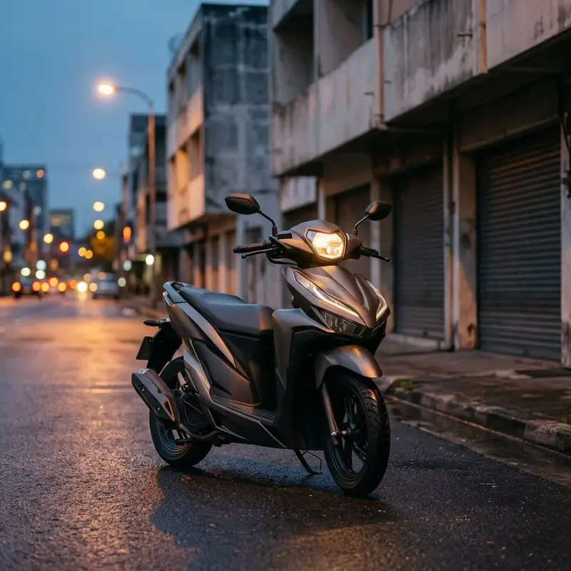Ilustrasi motor terparkir di jalan kota saat senja