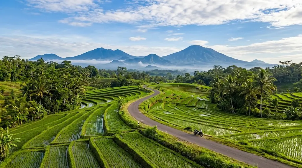 Ilustrasi jalan lengang di antara sawah dan pegunungan