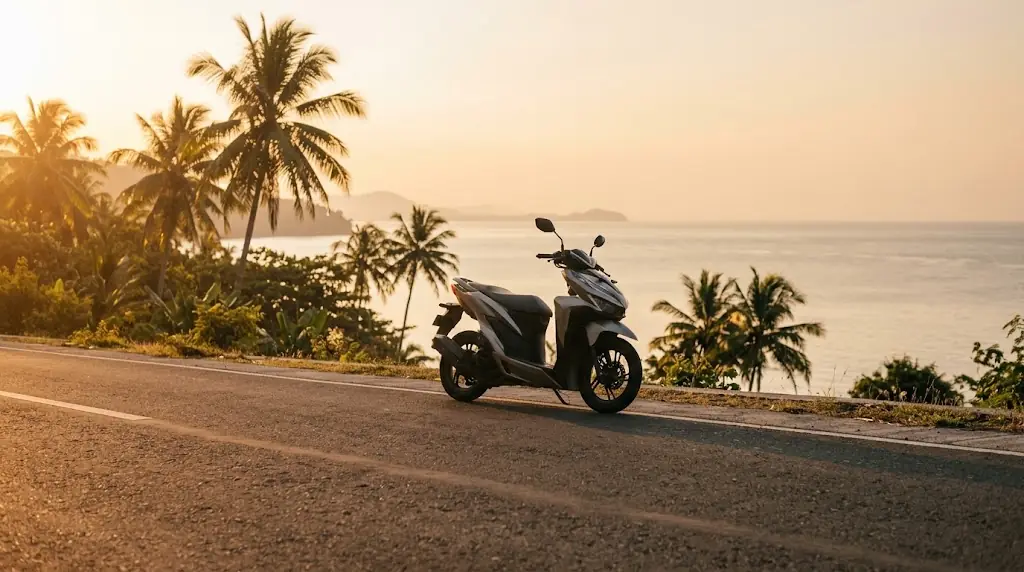 Ilustrasi motor matic di jalan tepi pantai saat matahari terbenam